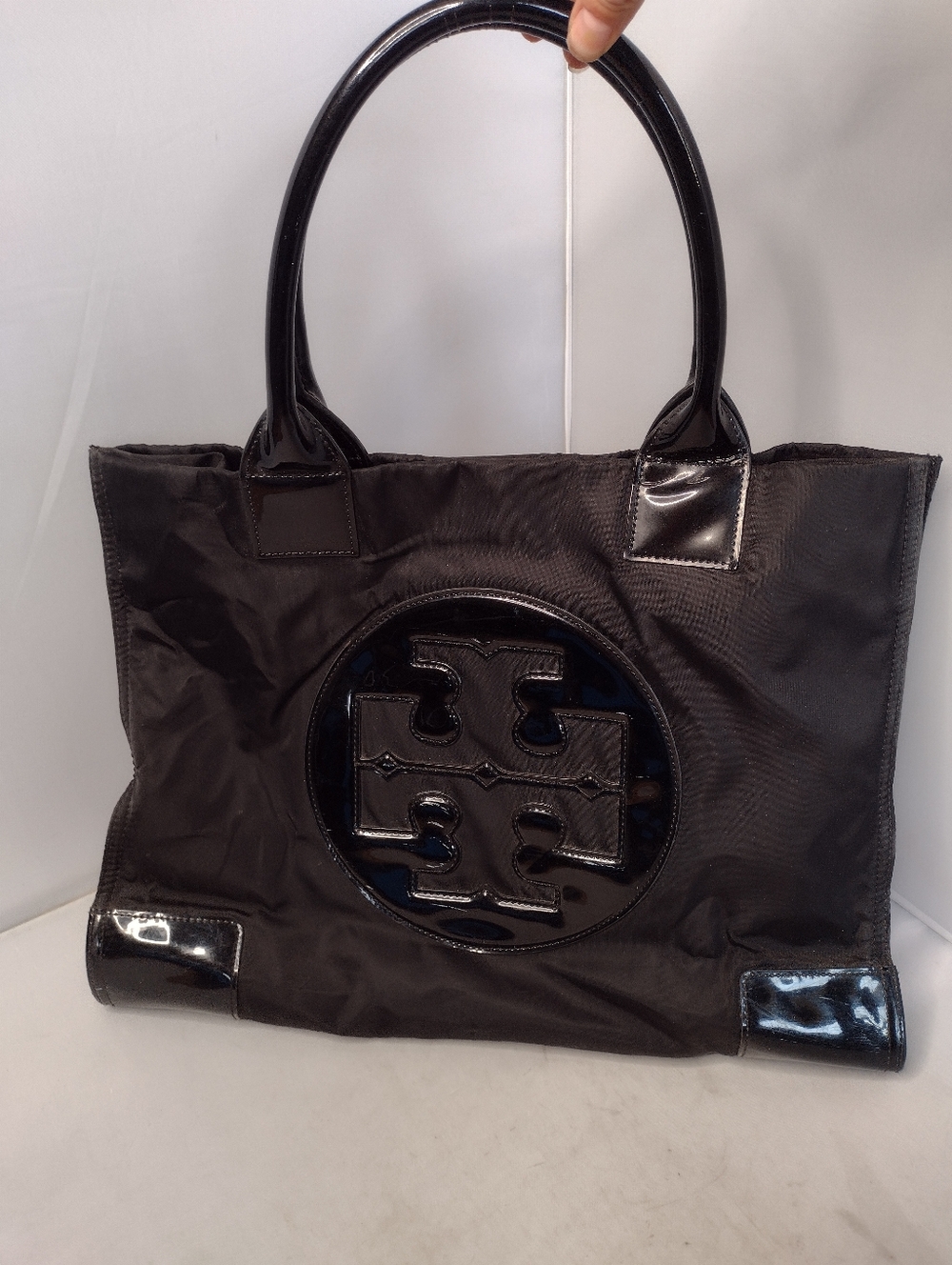 Tory Burch Black Nylon Patent Leather Large Double Handle Tote Bag Purse B11